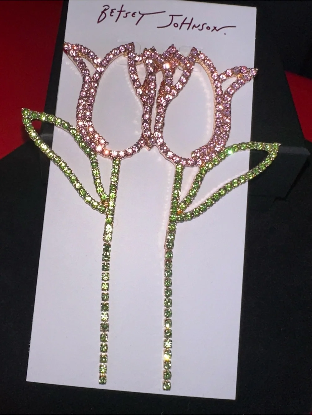 Betsey Johnson Pink and Green Rhinestone Tulip earring set